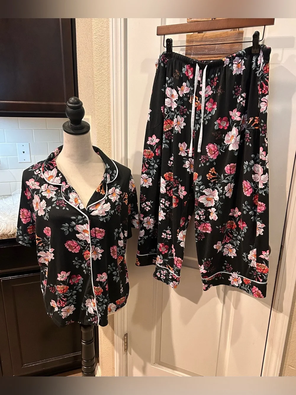 Room Service Floral Capri Pajama Set Comfy Stretch Button Up
